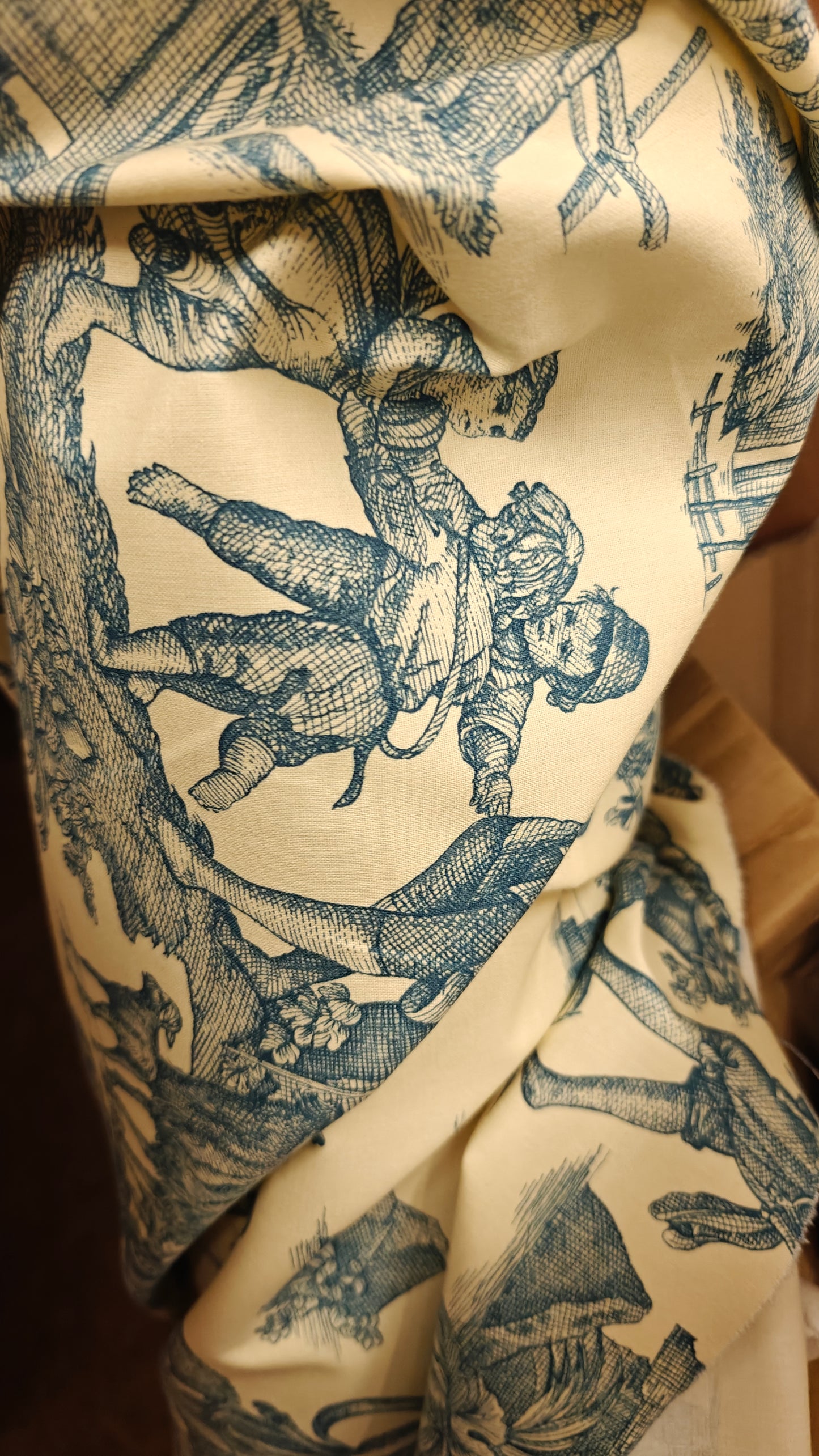 👑 Toile de Jouy bleu ou rouge écru au mètre - Pièce Rare