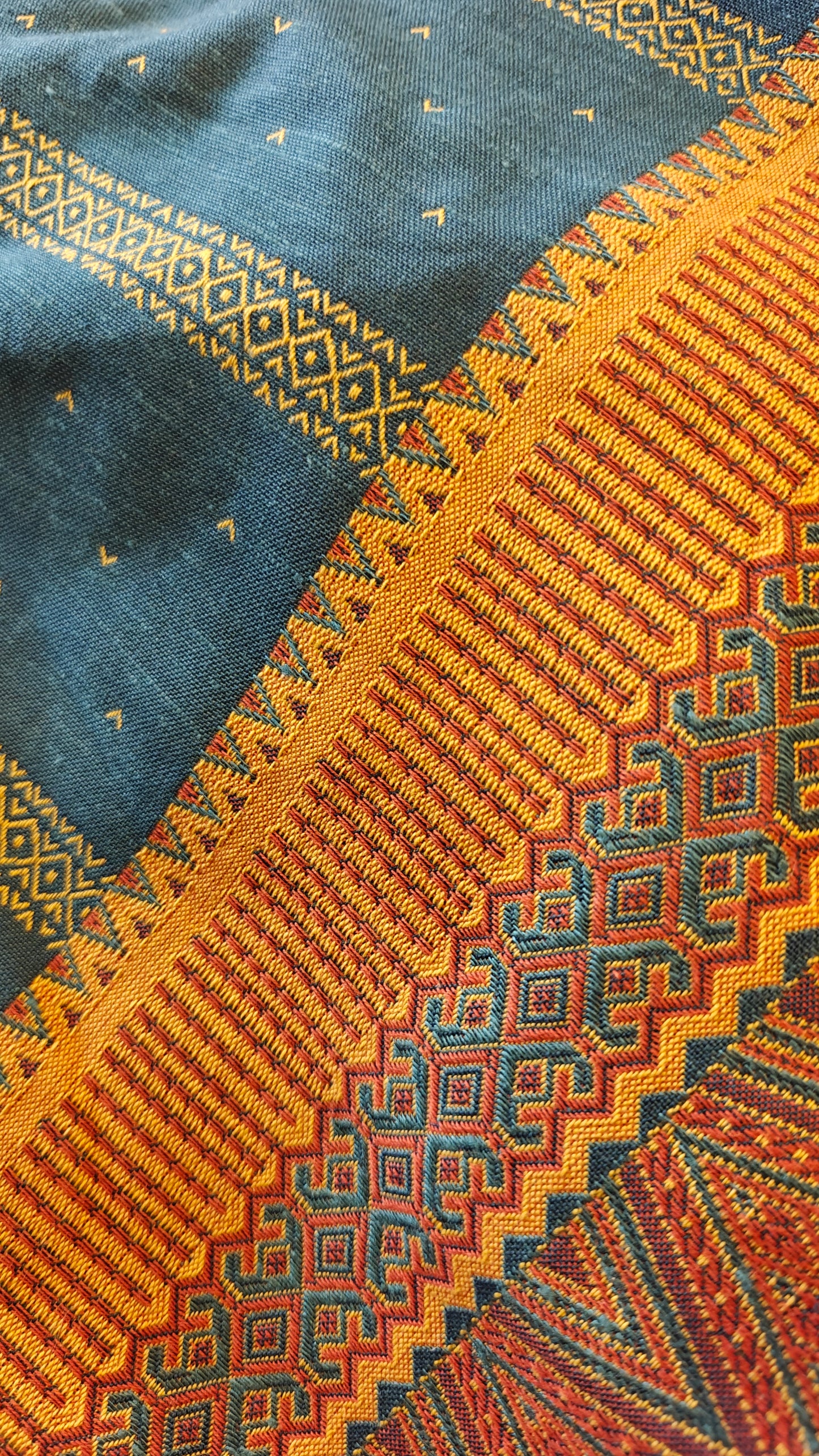 Jacquard Ethnique Bleu Petrole Ocre - 140cm