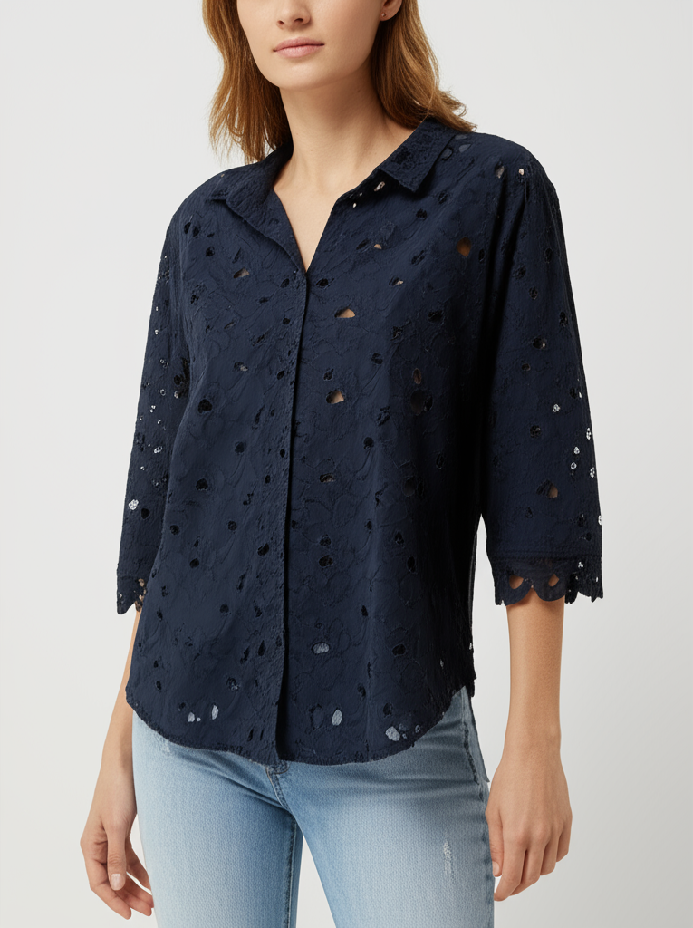 Tissu Bleu Marine Broderie Anglaise ajouré 150x140cm - Autour du Tissu