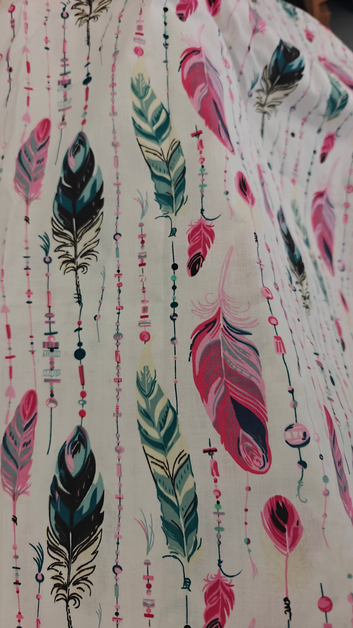Coton Blanc Plumes Boho Rose et Teal - popeline