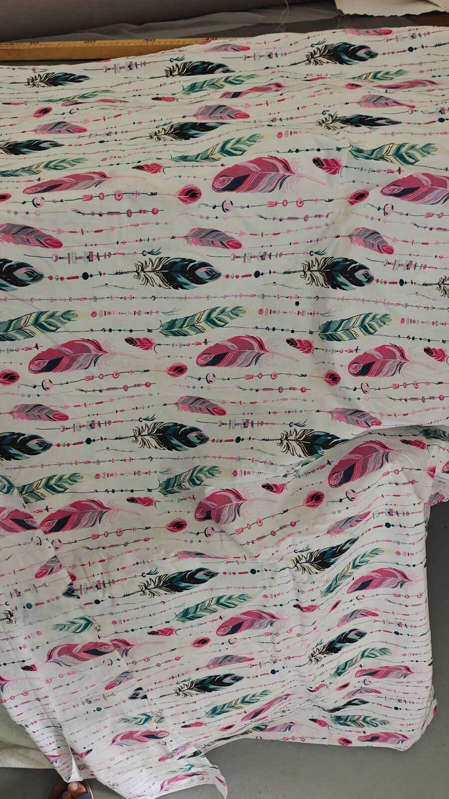 Coton Blanc Plumes Boho Rose et Teal