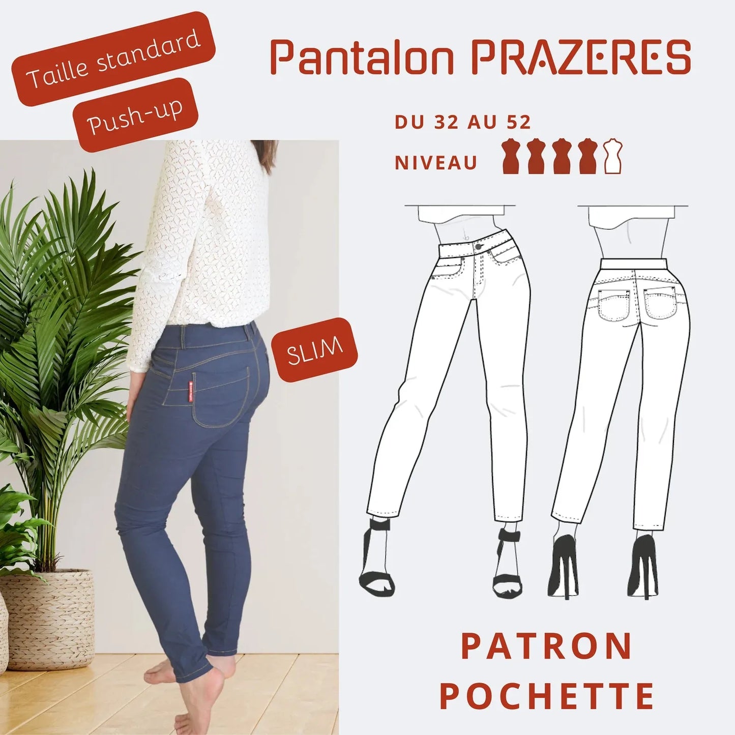 prazeres- pantalon femme - tailles 34 -> 52-patron-autour du tissu