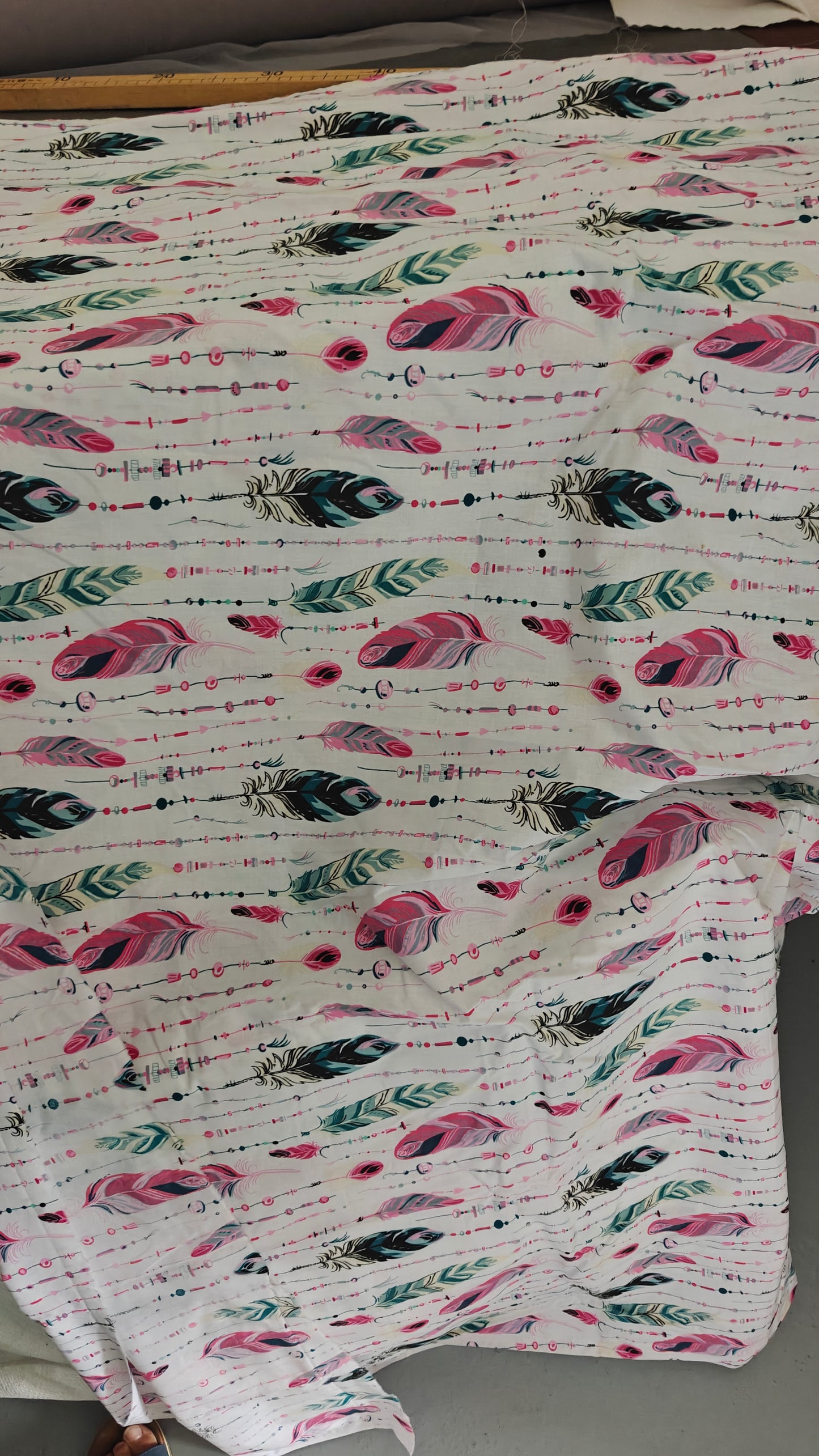 Coton Blanc Plumes Boho Rose et Teal - popeline