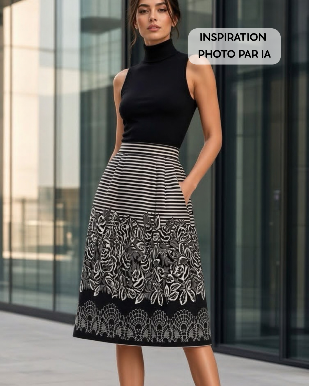 Satiné viscose coton fleuri noir et blanc au mètre × 140 cm