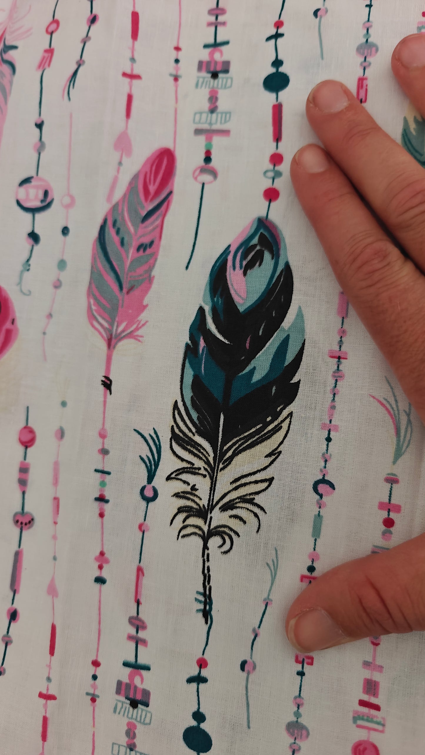 Coton Blanc Plumes Boho Rose et Teal - popeline