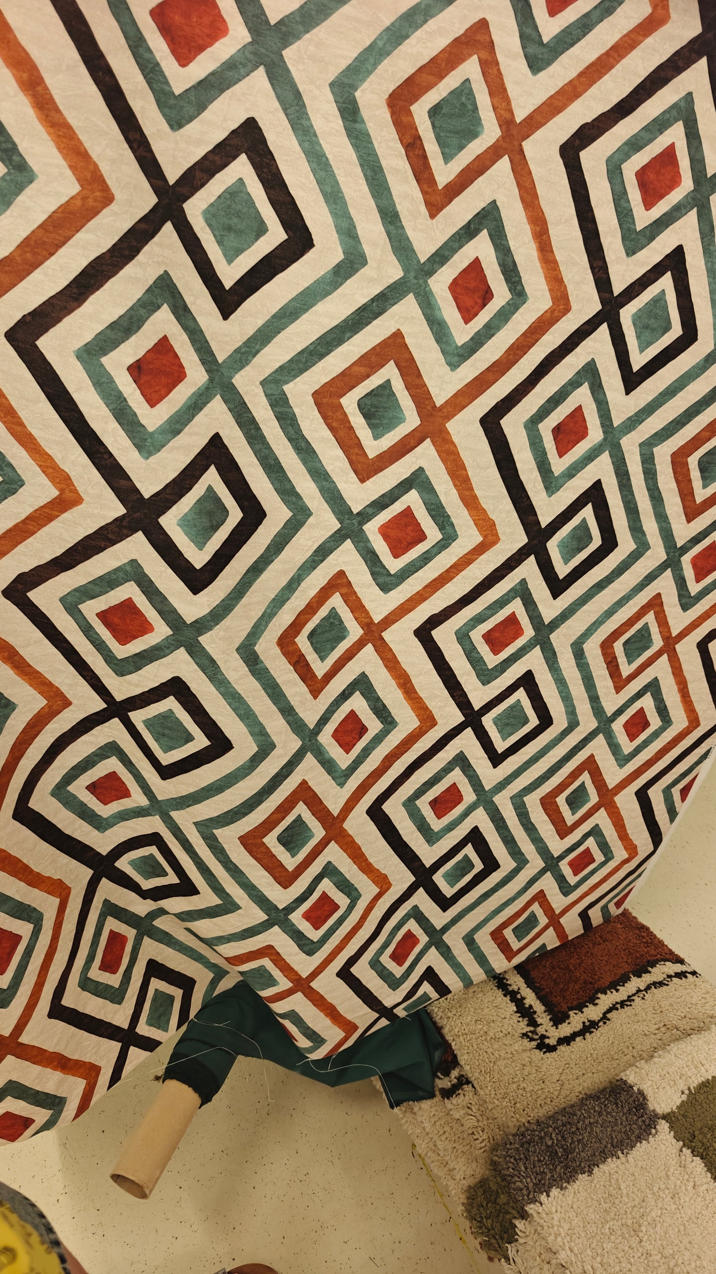 Coton Enduit Geometrique Ocre Kaki - 180x 140cm