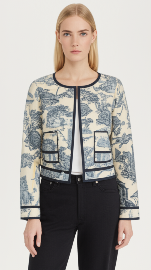 Toile de Jouy bleu écru au mètre