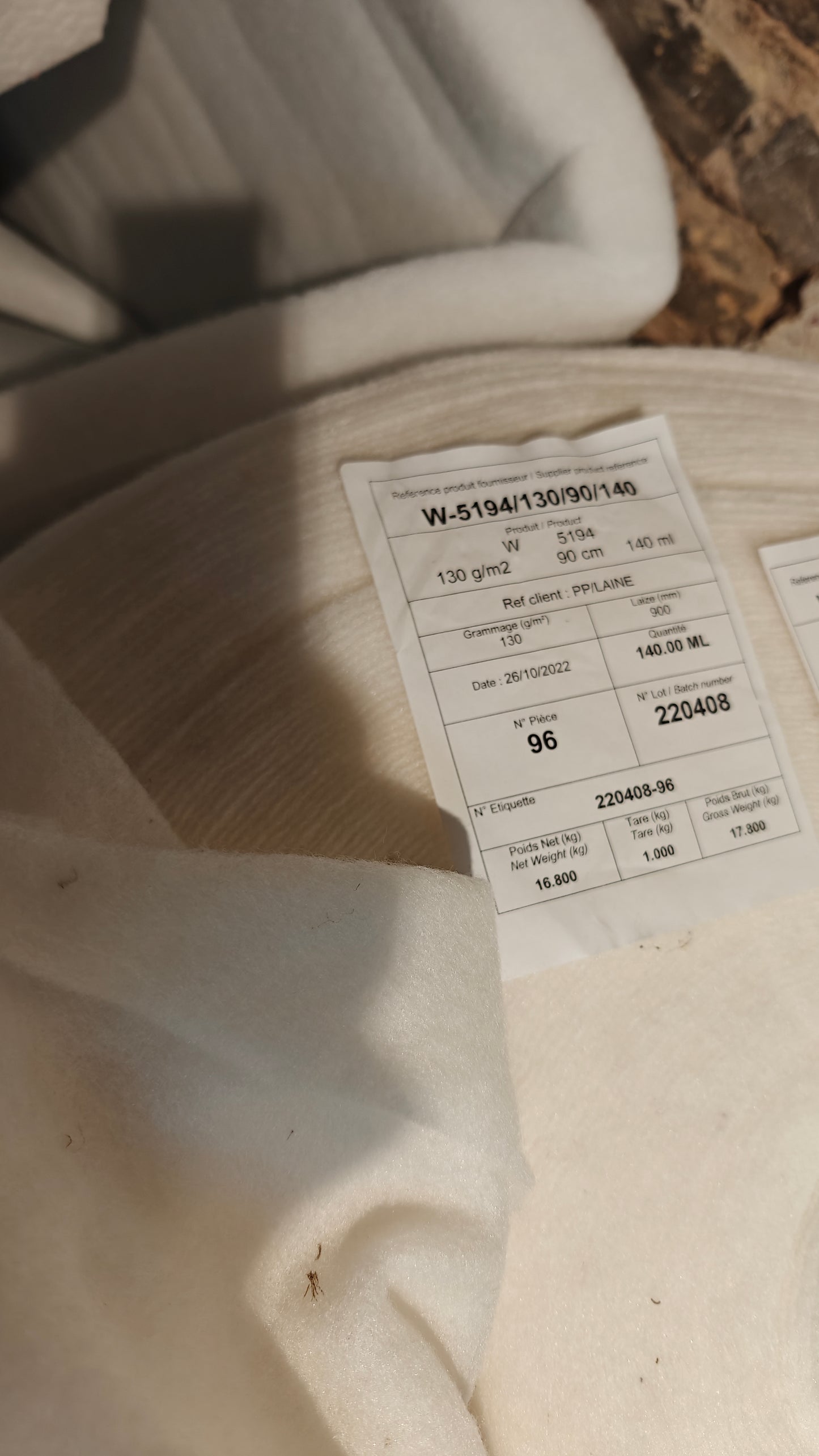OUATINE FINE CHAUDE au mètre PP/Laine