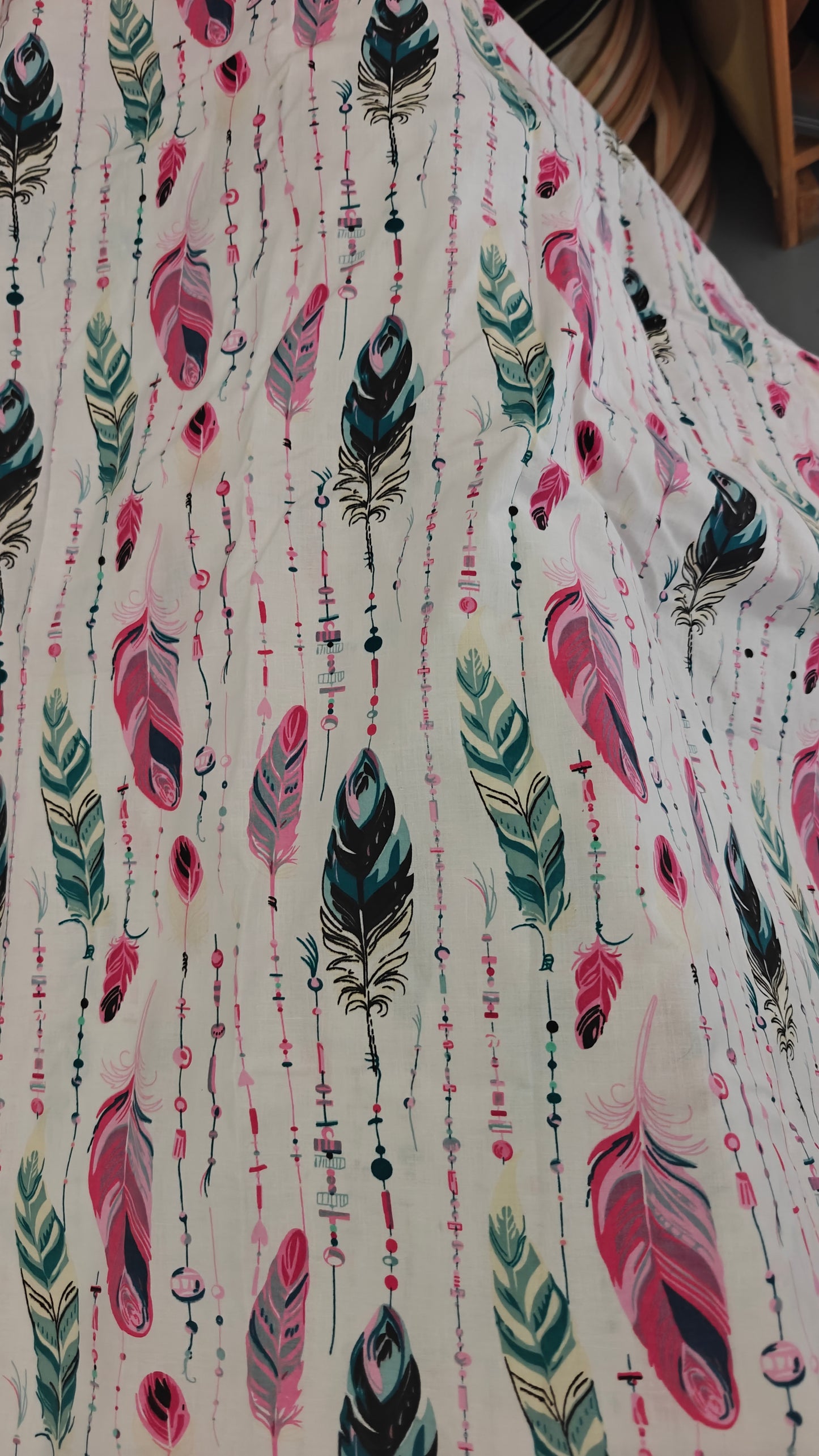 Coton Blanc Plumes Boho Rose et Teal - popeline