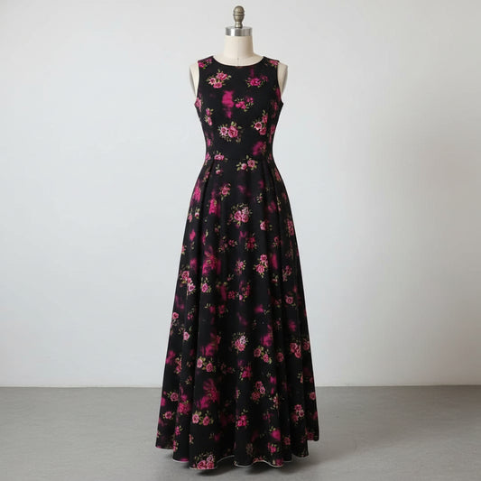 Jersey Coton Fleuri Fond Noir Stretch - Fin de Série - Fabrication Eu - 2 Coloris Dispo - Laize 150cm - Au Mètre