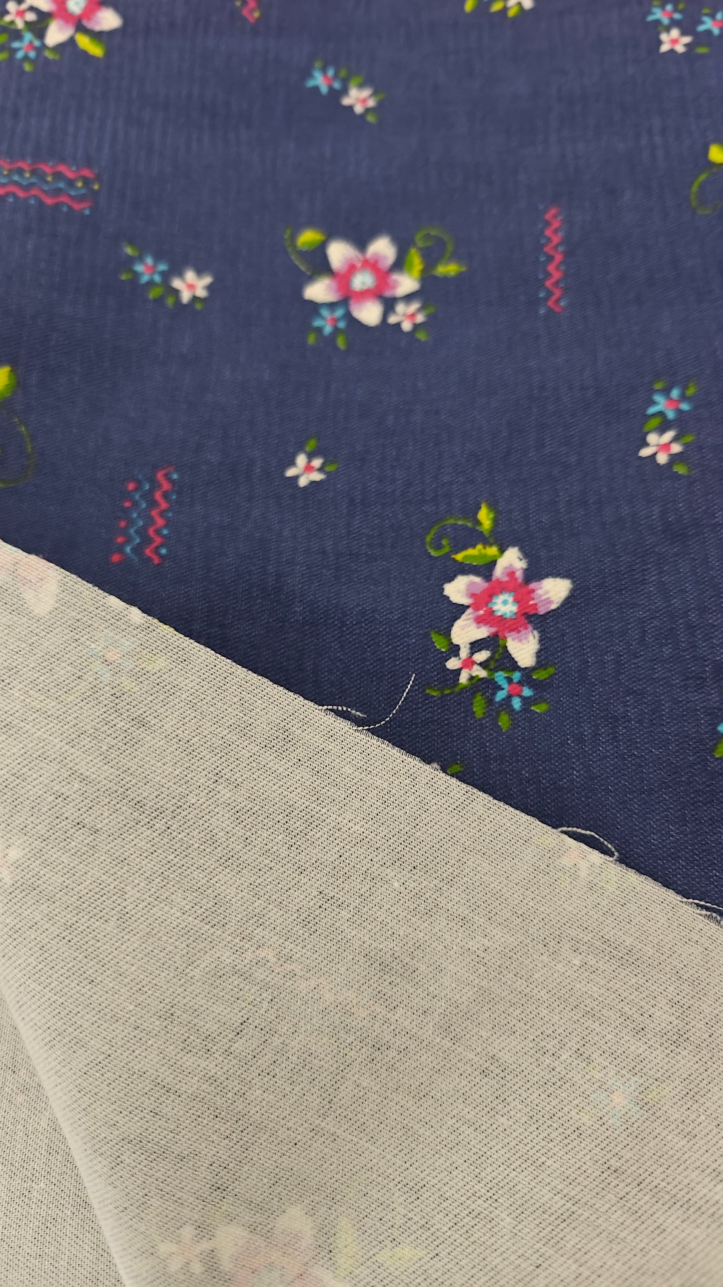 Coton Bleu Marine Fleuri Rose - Destockage