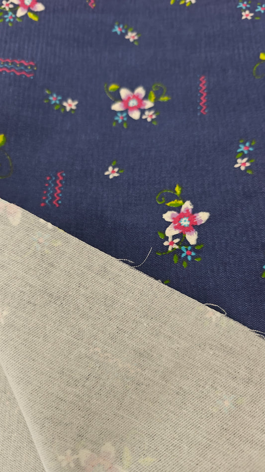 Coton Bleu Marine Fleuri Rose - Destockage